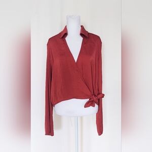 Hyfyve Size Large Flare Sleeve Wrap Top Maroon Red